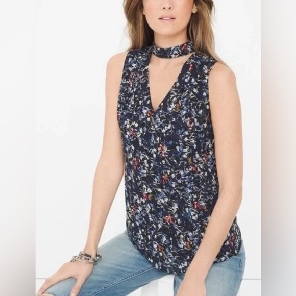 White House Black Market Top Womens 8 Black Blue Floral Neck Cutout Flowy Artsy - Picture 1 of 5